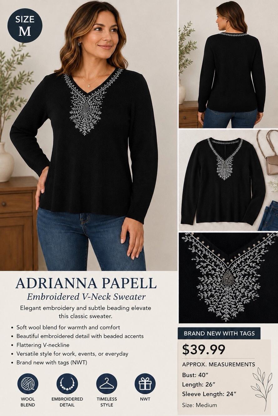🆕Adrianna Papell Black Sweater Med Embellished Beaded Neckline Wool Blend NWT